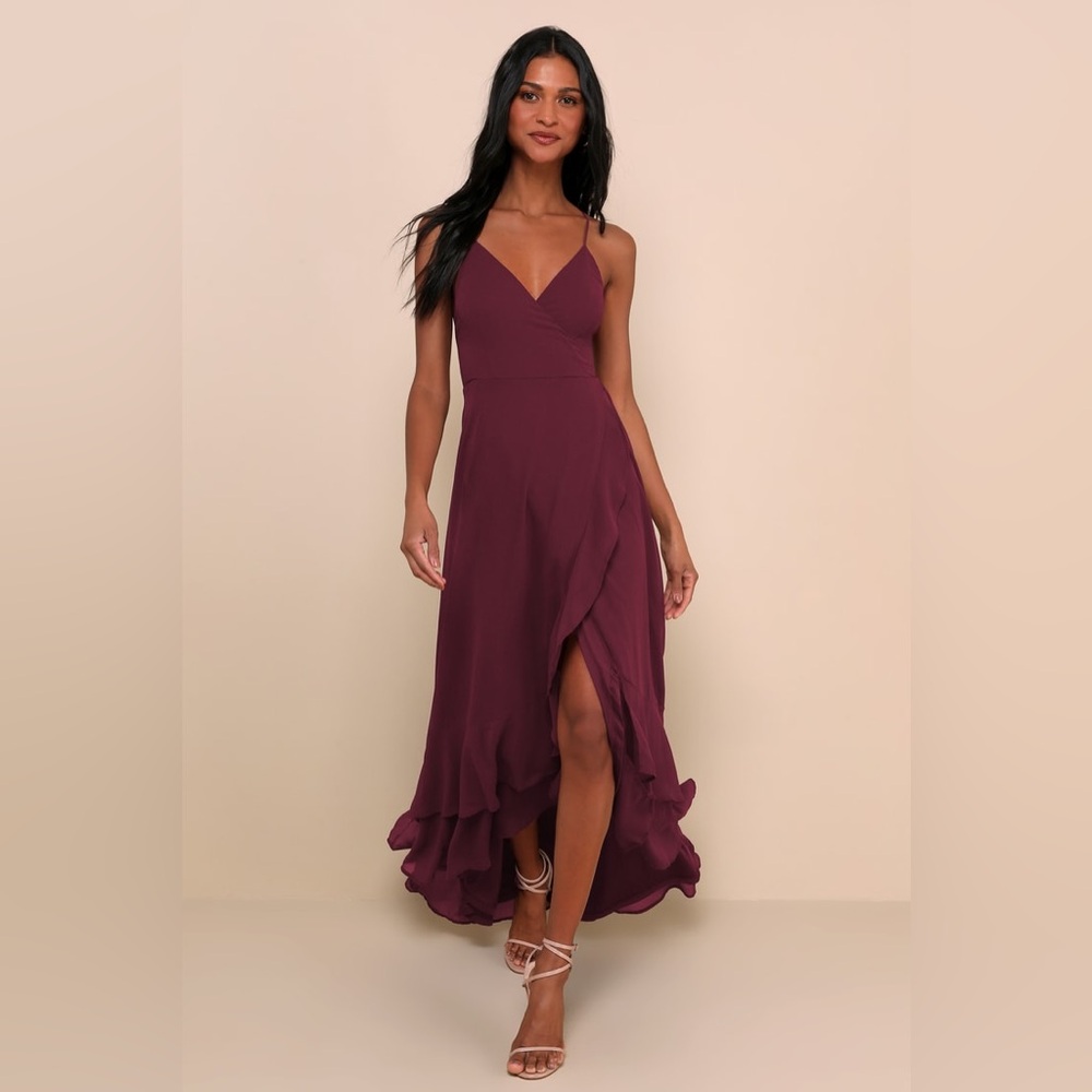Lulus-In Love Forever Plum Lace-Up High-Low Maxi Dress (L)